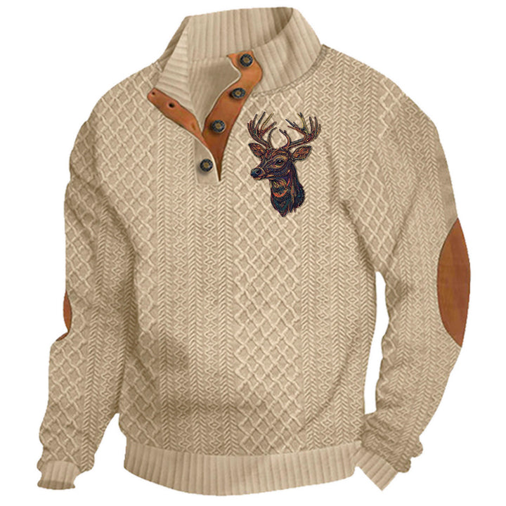 Herren nan Heritage-Strukturpullover mit Stehkragen Lederimitat-Besatz Ellenbogen-Patches und Halbknopfleiste Drune