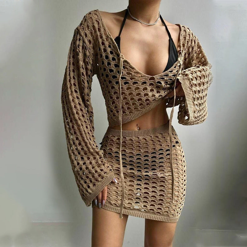 Damen gehäkeltes Strandoutfit mit offener Front Drune