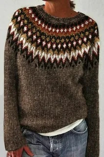 Damen nan melierter Rundhalsausschnittpullover mit kreisförmigem Jacquard-Yoke und geripptem Saum Drune