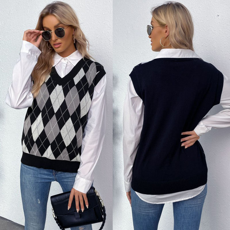 Damen ärmelloser Pullover im Rautenmuster mit V-Ausschnitt Drune