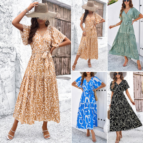 Damen Wickelkleid mit voluminösen Ärmeln und verspieltem Muster Drune