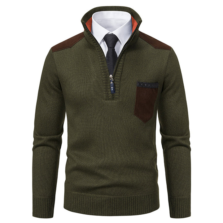 Herren nan Feinstrick-Halbzip-Pullover mit Stehkragen, Brusttasche und Schulterbesatz Drune