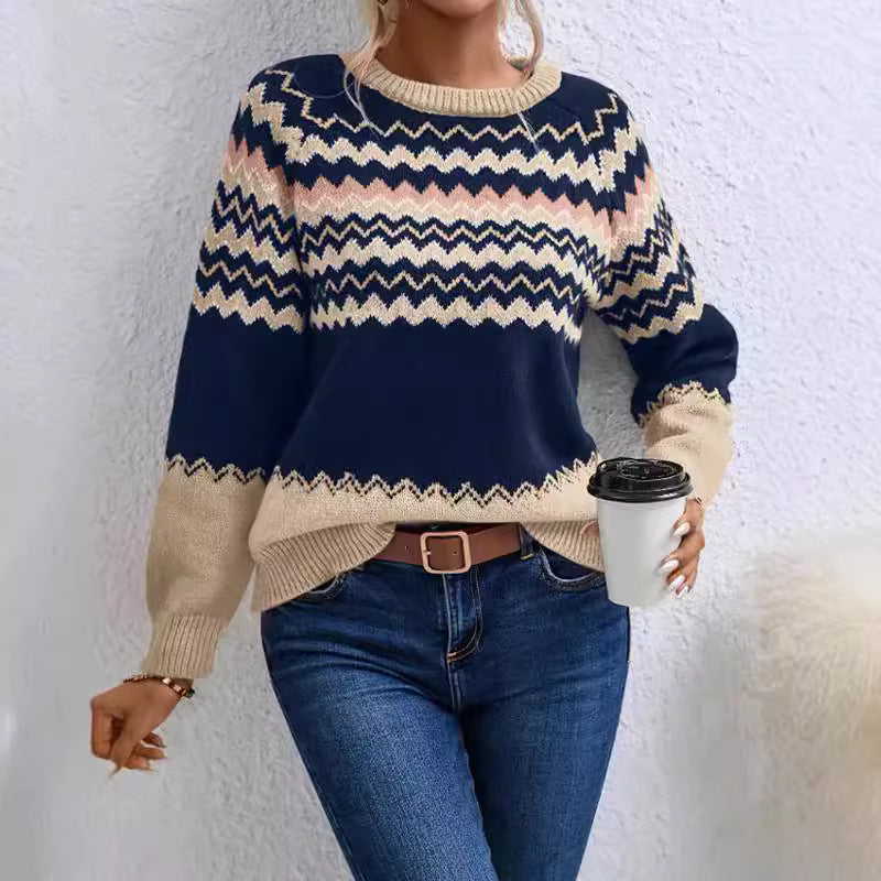 Damen trendiger Strickpullover mit geometrischem Zickzack-Muster und Rundhalsausschnitt Drune