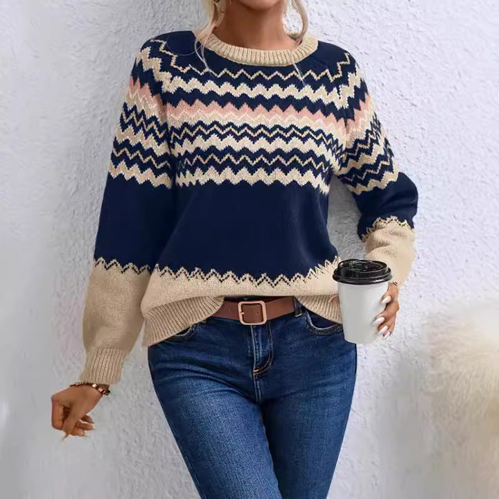 Damen trendiger Strickpullover mit geometrischem Zickzack-Muster und Rundhalsausschnitt Drune