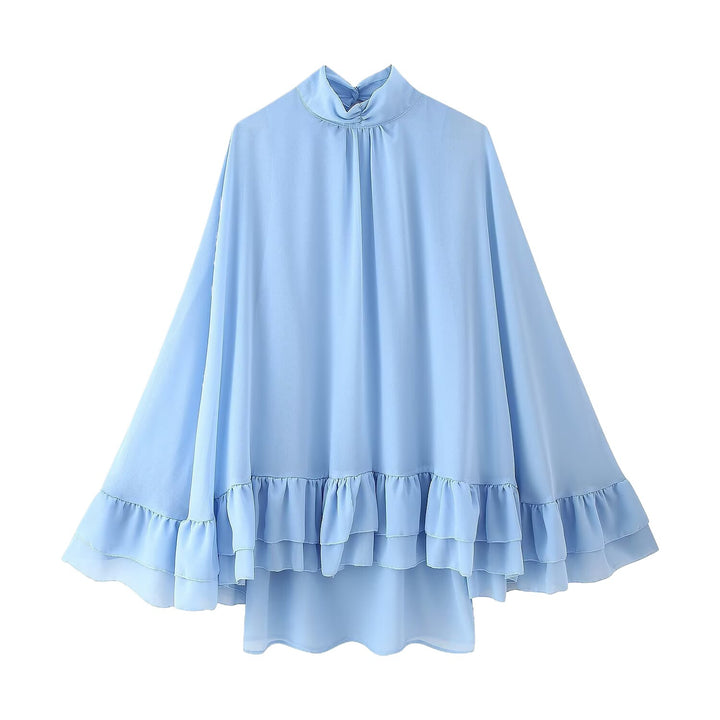 Damen Cape-Oberteil mit voluminösen Rüschendetails und hochgeschlossenem Hals Drune