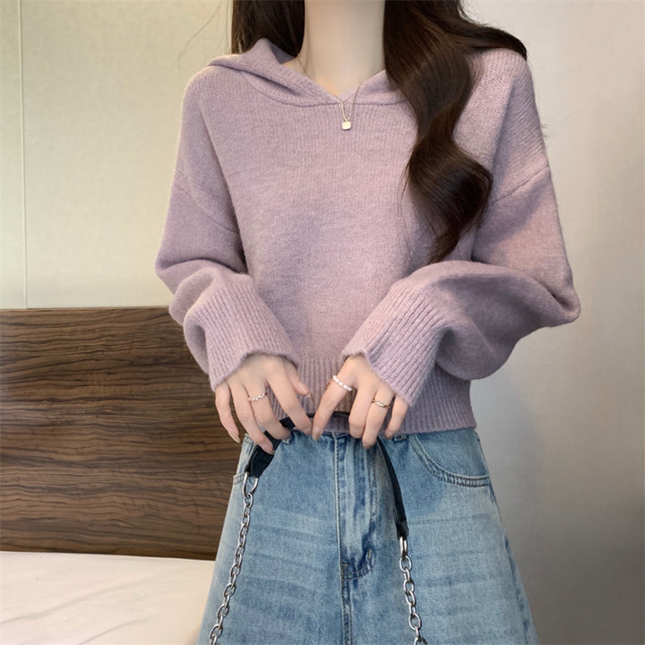 Damen lässiger Strickpullover mit Kapuze und lockeren Ärmeln Drune