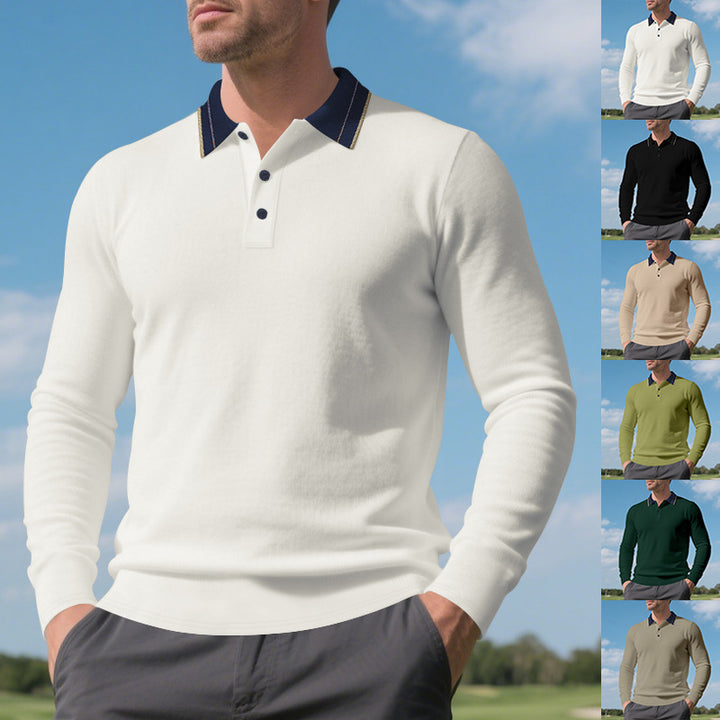 Herren elegantes Langarm-Polohemd mit kontrastierendem Kragen und modischen Knopfdetails Drune