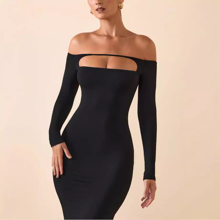 Damen Figurbetontes Langarmkleid mit Cut-Out-Design und schulterfreiem Stil Drune