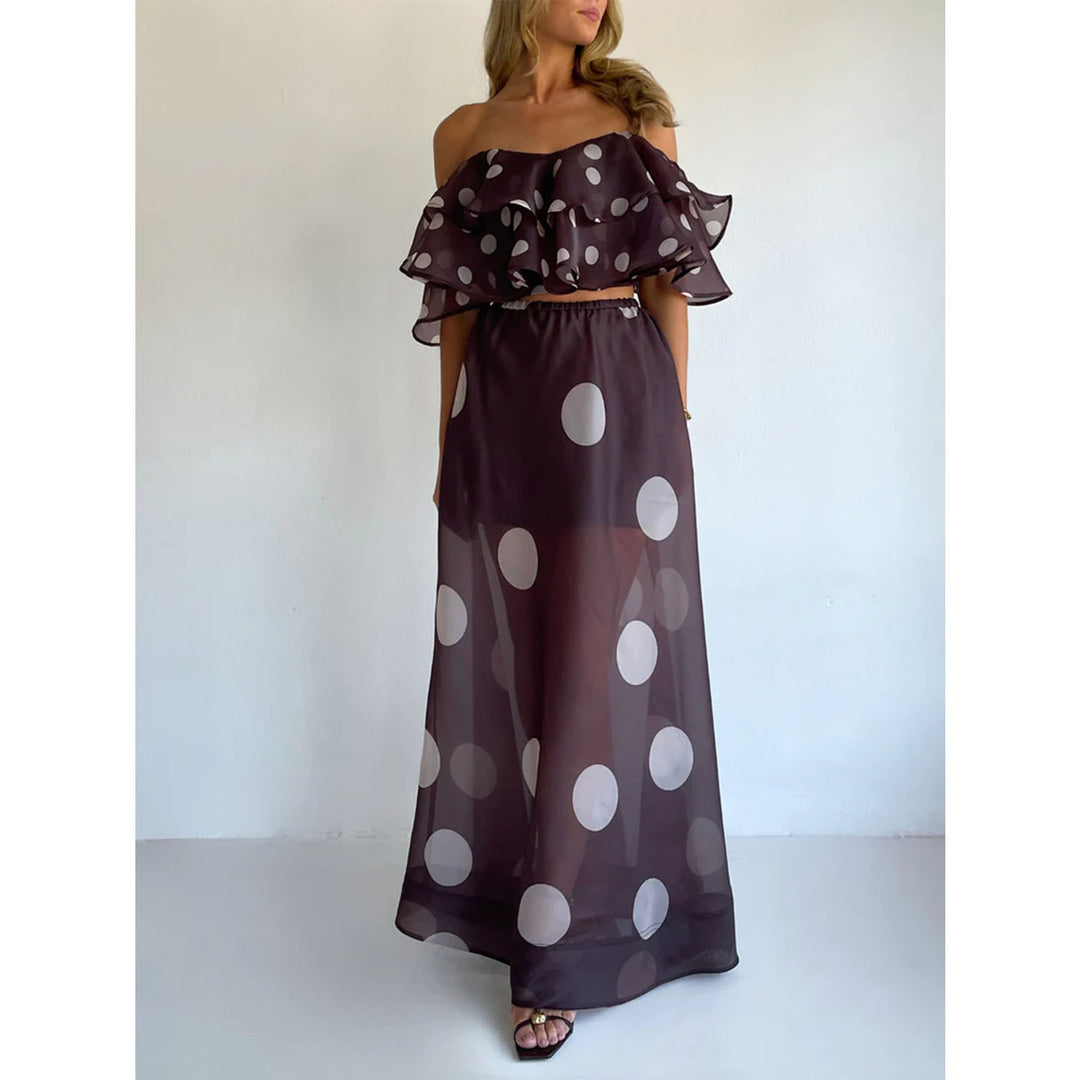 Damen Maxirock Set mit Off-Shoulder Oberteil und verspieltem Volantdesign Drune