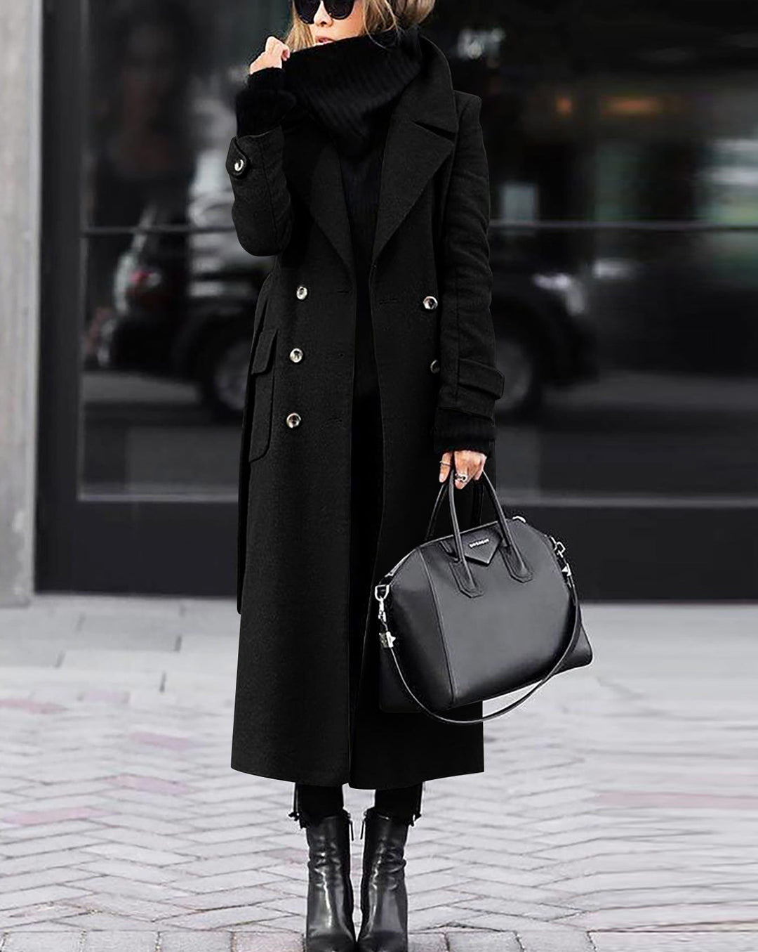 Damen nan eleganter Maxi-Wollmixmantel mit doppelreihiger Knopfleiste, weitem Reverskragen und aufgesetzten Taschenklappen Drune