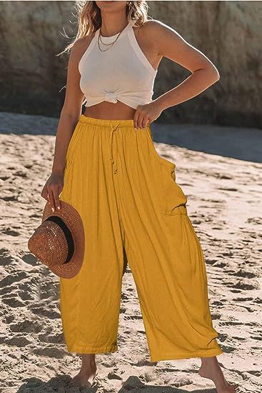 Damen nan weite Palazzohose aus leichtem Leinenmix mit Tunnelzug und seitlicher Tasche Drune