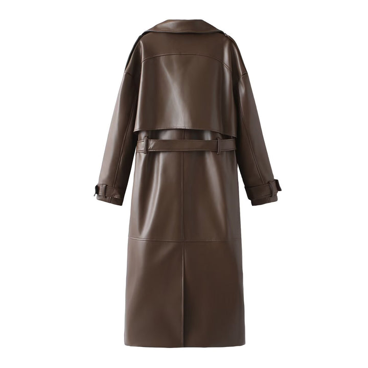 Damen Kunstleder-Trenchcoat mit elegantem Schnitt und taillierbarem Gürtel Drune