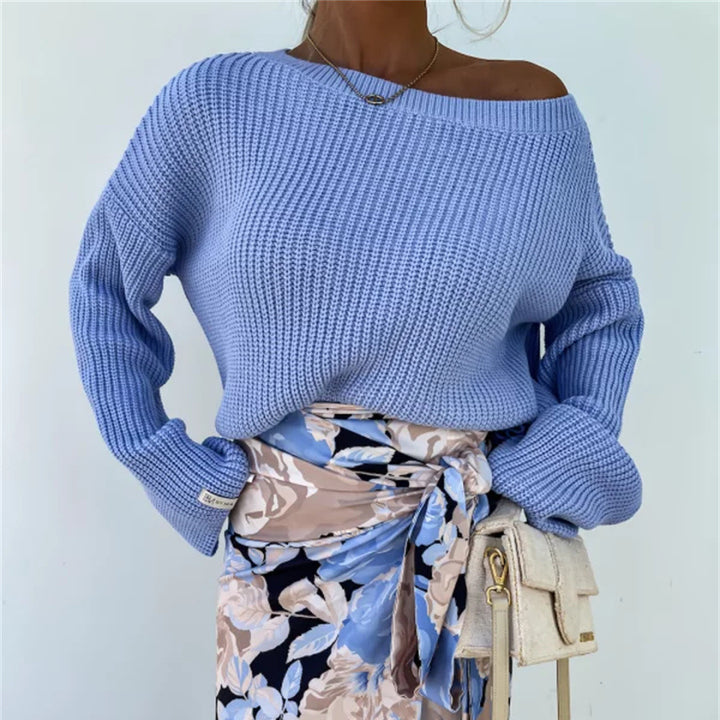 Damen lässiger Strickpullover mit asymmetrischem Ausschnitt und lockeren Ärmeln Drune