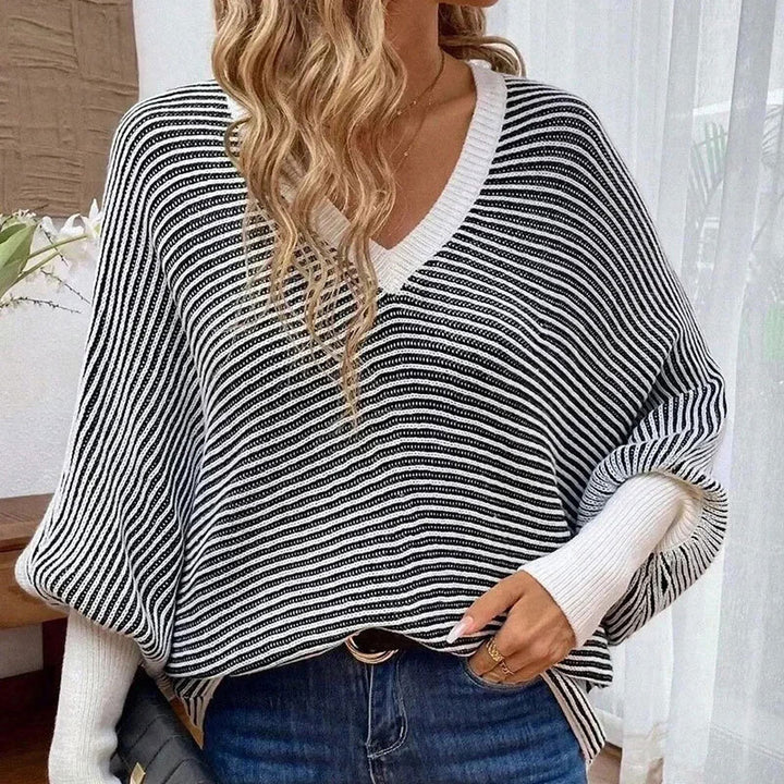 Damen Strickpullover im modernen Streifenlook mit V-Ausschnitt Drune