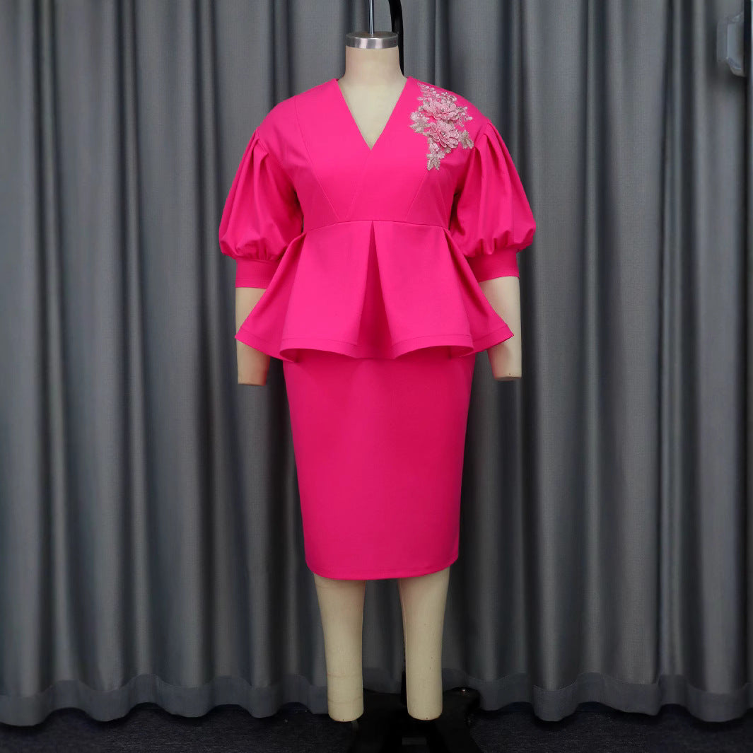 Damen elegantes A-Linien Kleid mit modischen Puffärmeln und floralem Akzent Drune