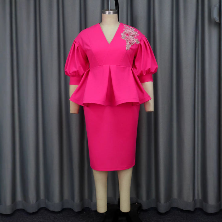 Damen elegantes A-Linien Kleid mit modischen Puffärmeln und floralem Akzent Drune