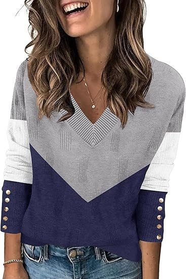 Damen Modischer V-Ausschnitt Pullover mit Farbblock und Knopfdetails Drune