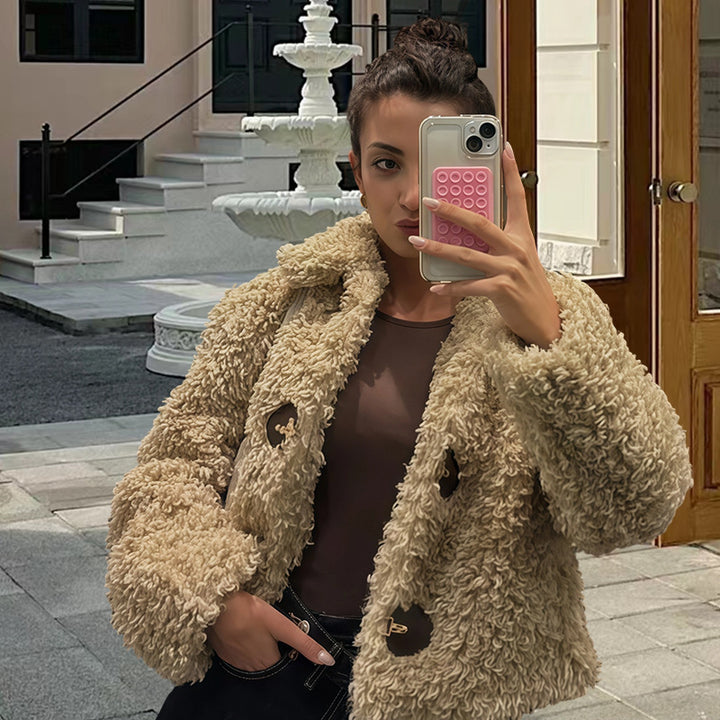 Damen Kunstfelljacke im modischen Cropped-Design mit dekorativen Knöpfen Drune
