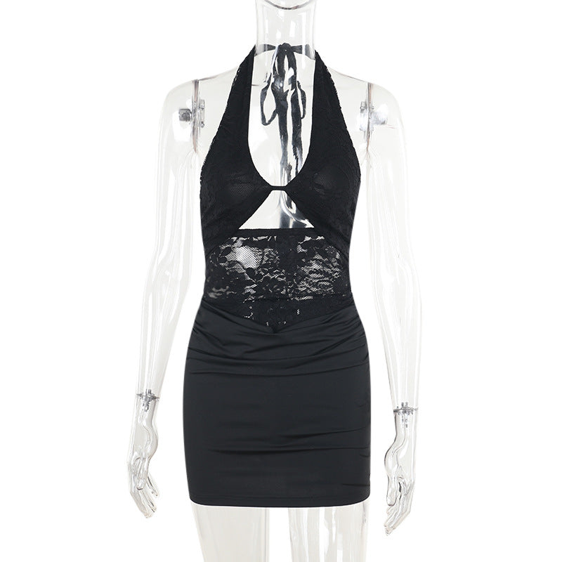 Damen sexy Minikleid mit detailreichem Spitzeinsatz und figurbetonter Silhouette Drune