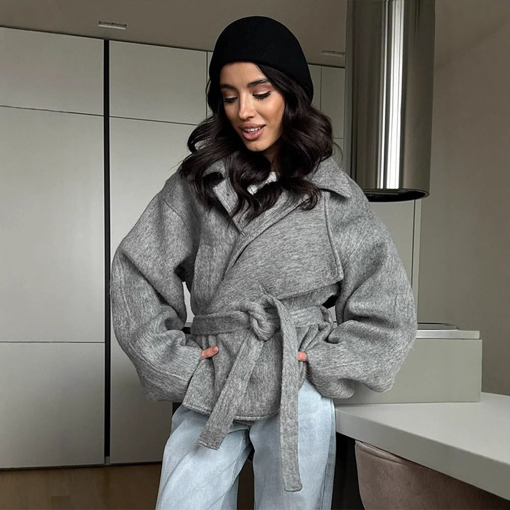 Damen elegante Oversized-Wolljacke mit Gürtel Drune