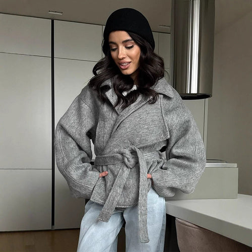 Damen elegante Oversized-Wolljacke mit Gürtel Drune