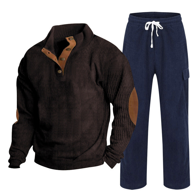 Herren nan strukturiertes Feinstrick-Halbknopf-Pullover und Feincord-Cargo-Zweiteiler Drune