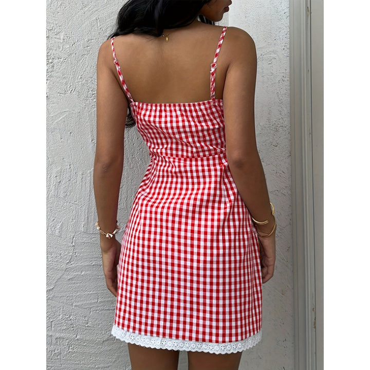 Damen Sommerliches Vichykleid mit Schnürung und Spitzenabschluss Drune