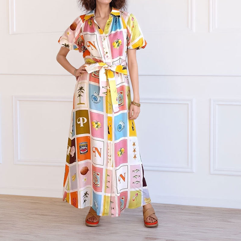 Damen Hemdblusenkleid mit farbenfrohem Print und taillierbarem Gürtel Drune