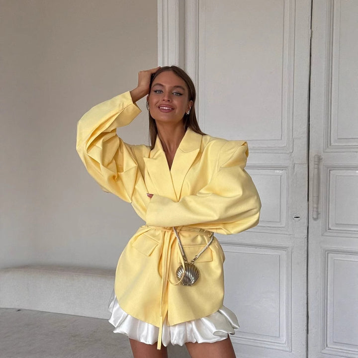 Damen Oversized Blazer mit Bindegürtel und praktischen Taschen Drune