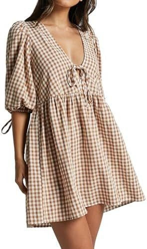 Damen Freizeitkleid mit V-Ausschnitt und Puffärmeln Drune