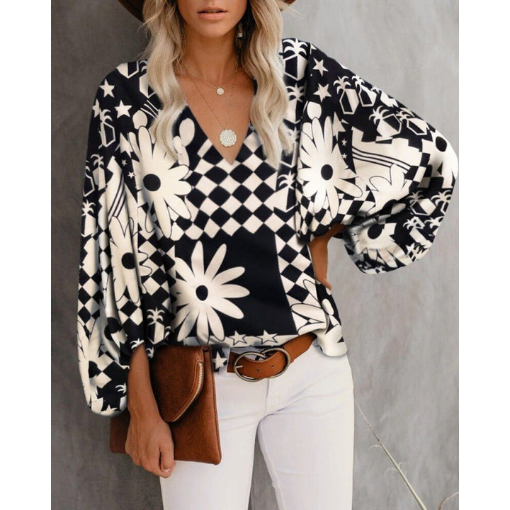 Damen Modische Bluse mit weitem Arm und V-Ausschnitt Drune
