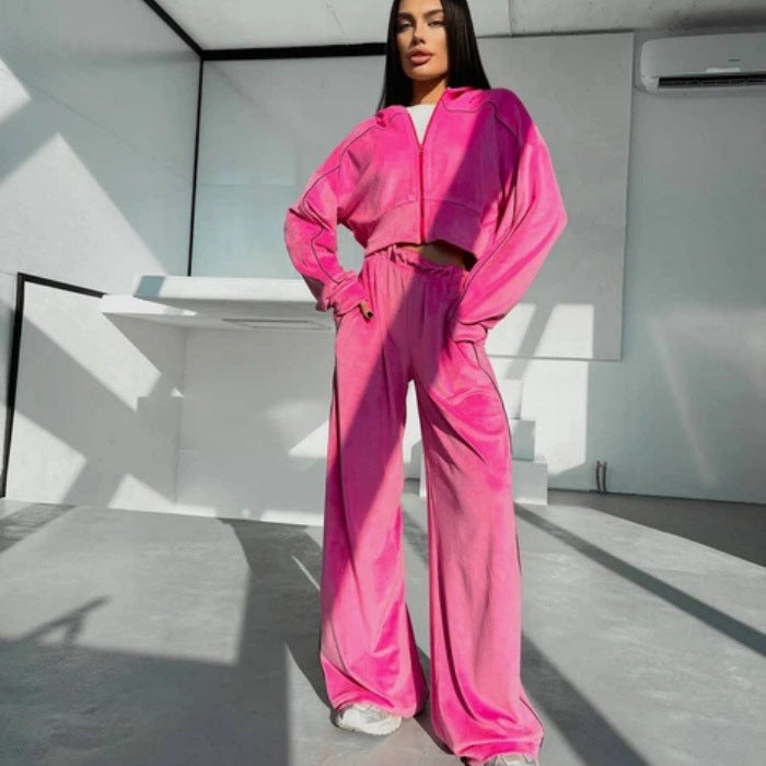 Damen Sportliches Velours-Loungewear-Set mit kurzem Hoodie und weitem Bein Drune