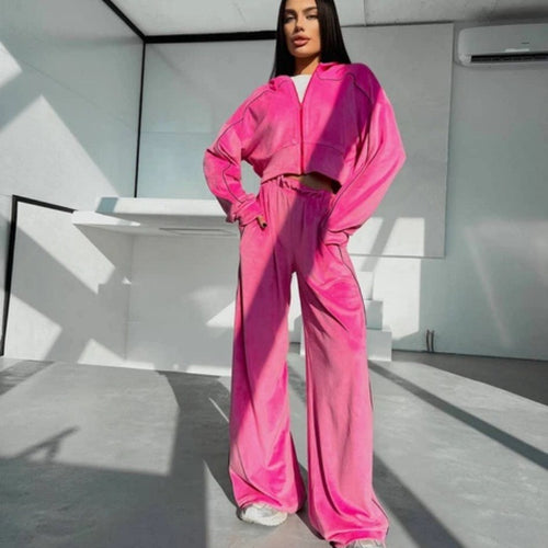 Damen Sportliches Velours-Loungewear-Set mit kurzem Hoodie und weitem Bein Drune