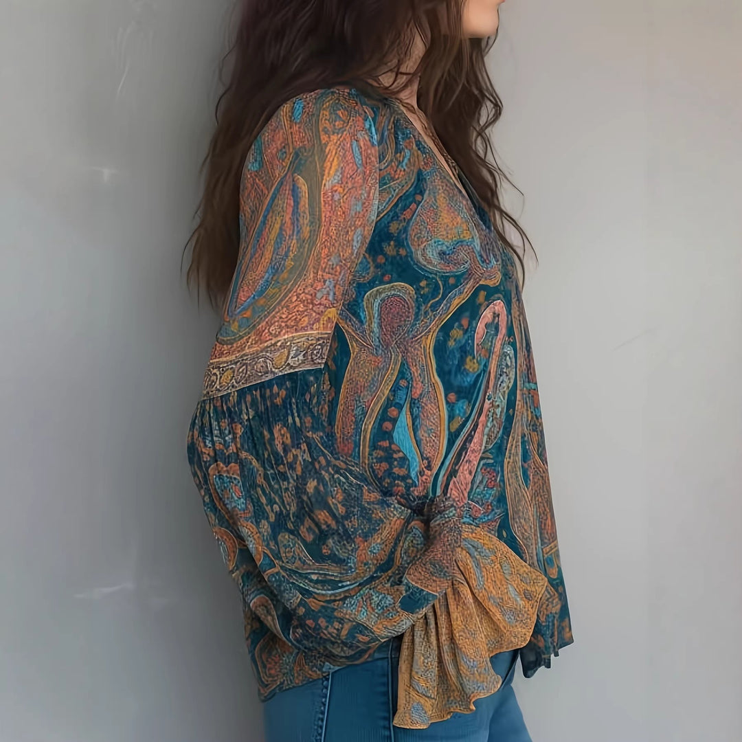 Damen Boho-Chic Bluse mit geflammten Ärmeln und V-Ausschnitt Drune