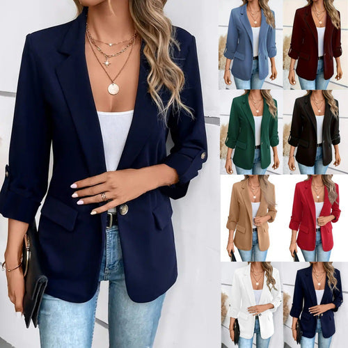 Damen nan taillierter Business-Blazer mit verkürzten Ärmeln umgeschlagenen Manschetten und dekorativen Knöpfen Drune