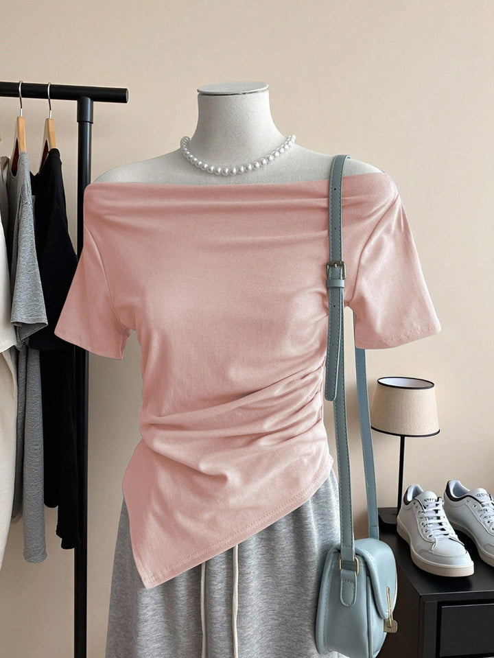 Damen Off-Shoulder T-Shirt mit Raffung Drune