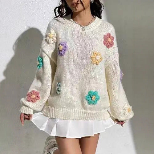 Damen blumengestickter Oversized-Pullover Drune