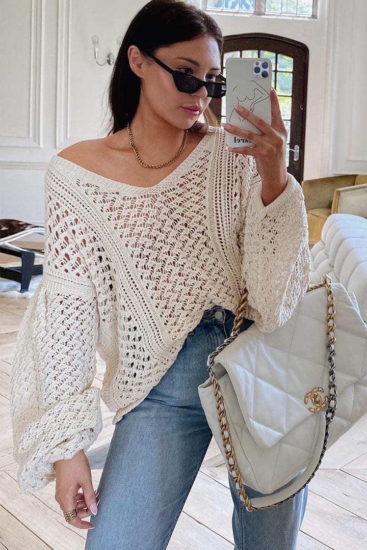 Damen luftiger Strickpullover mit V-Ausschnitt und langen Ärmeln Drune