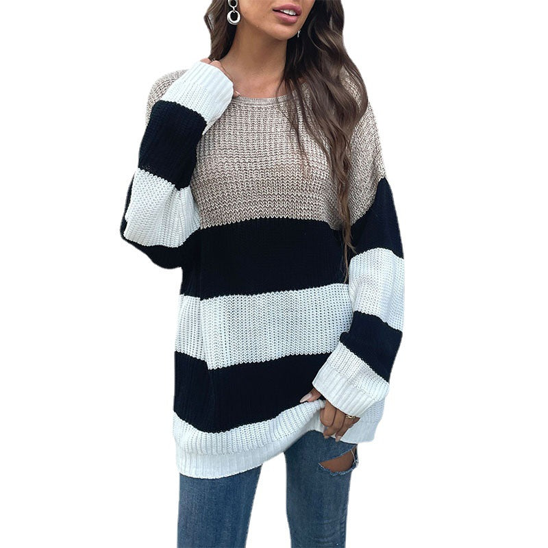 Damen modischer Oversized-Pullover mit gestreiftem Design und weitem Schnitt Drune
