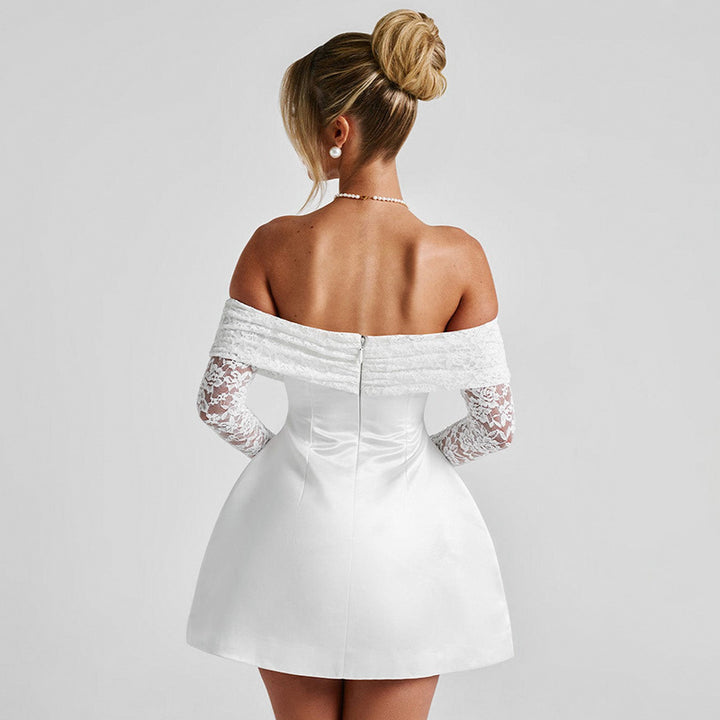 Damen Offshoulder Minikleid mit Spitzenärmeln und taillierter Silhouette Drune