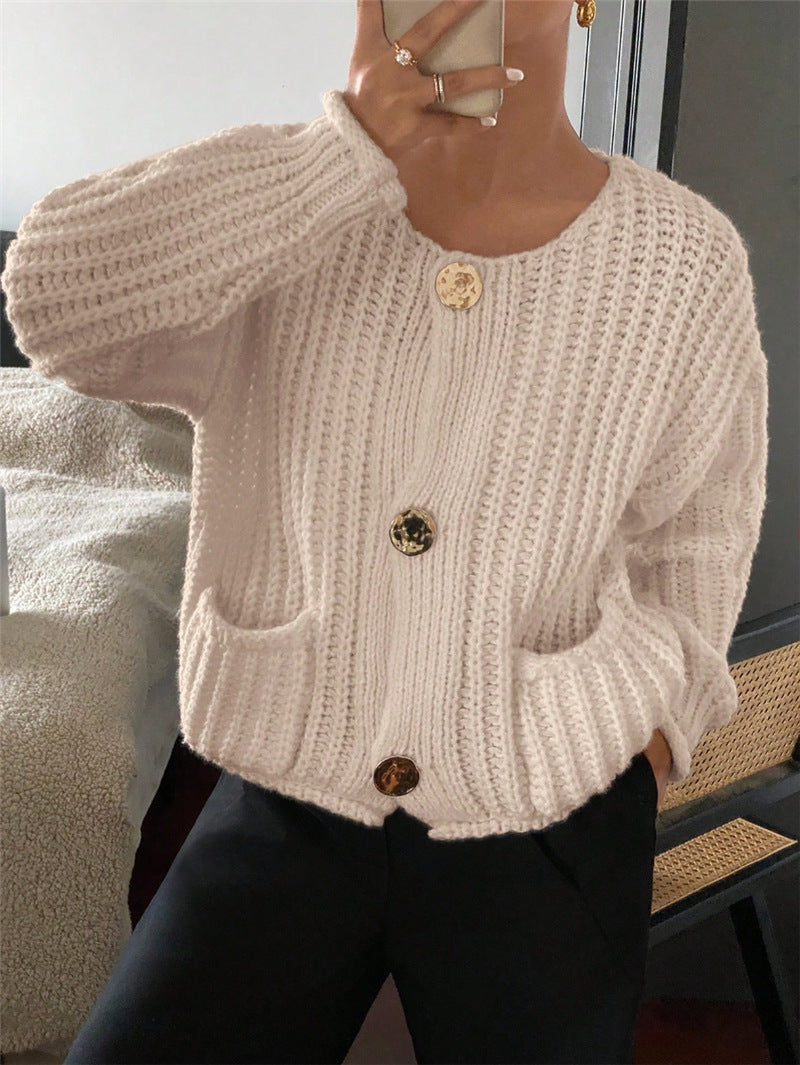 Damen Grobstrick-Jacke mit eleganten Knöpfen und Taschen Drune
