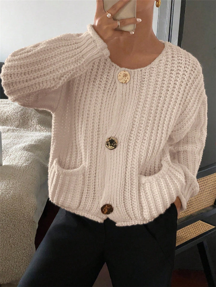 Damen Grobstrick-Jacke mit eleganten Knöpfen und Taschen Drune