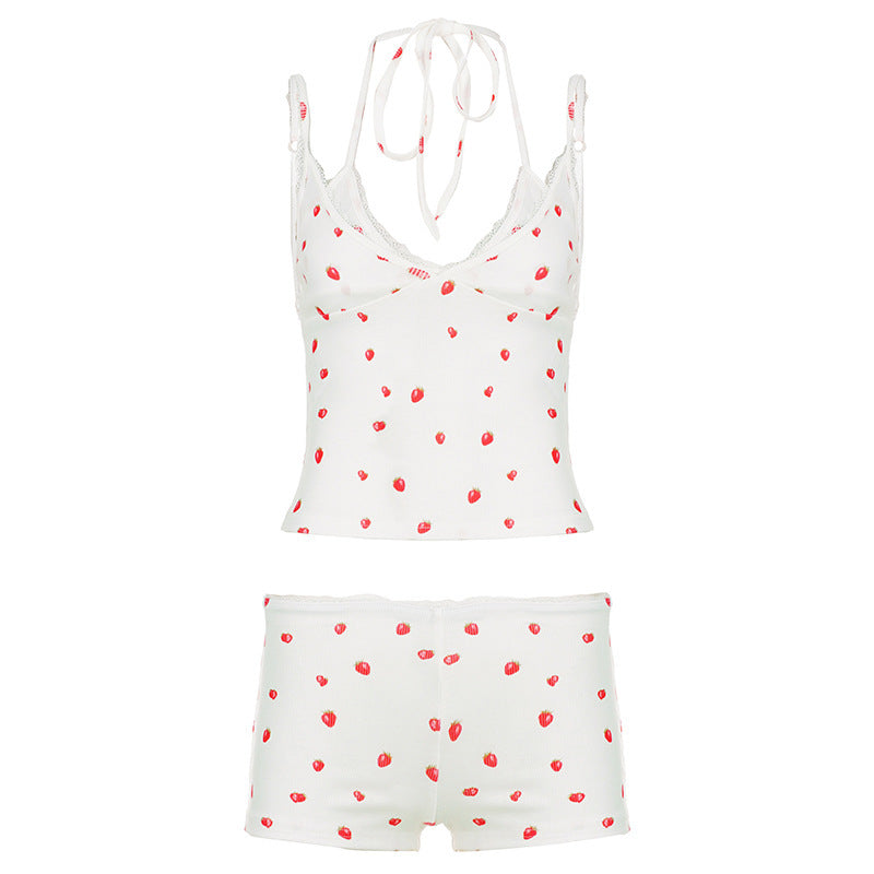 Damen Pyjama-Set mit verspieltem Früchte-Muster und Spaghetti-Trägern Drune