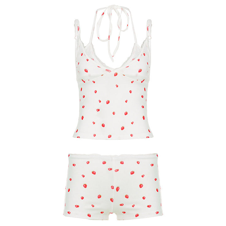 Damen Pyjama-Set mit verspieltem Früchte-Muster und Spaghetti-Trägern Drune