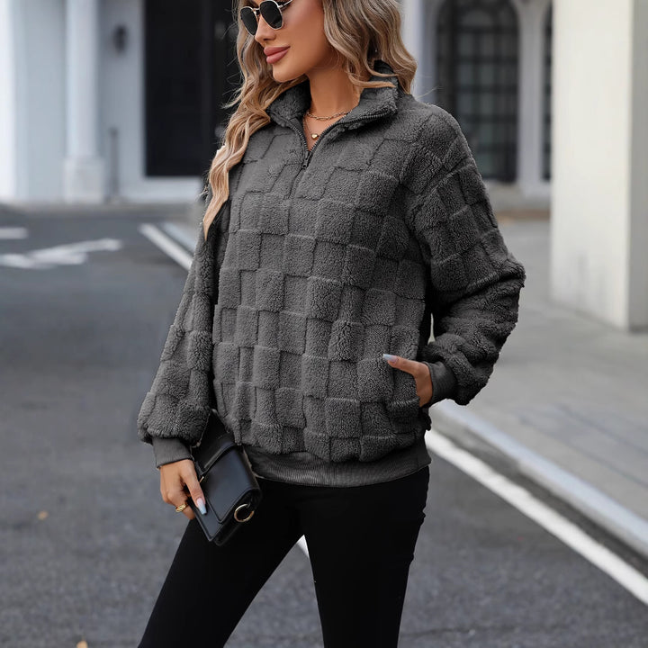 Damen Plüschpullover mit Viertelzip und quer gestreiftem Design Drune