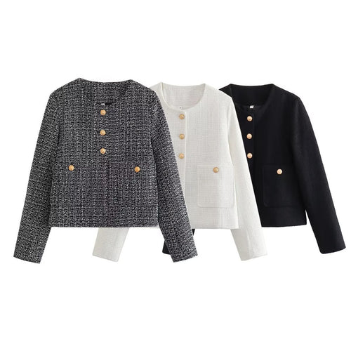 Damen Kurze Tweedjacke mit dekorativen Knöpfen Drune