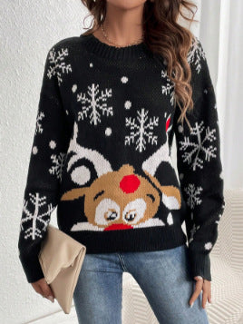 Damen Weihnachtspullover mit lustigem Rentiermotiv und Schneeflockenmuster Drune