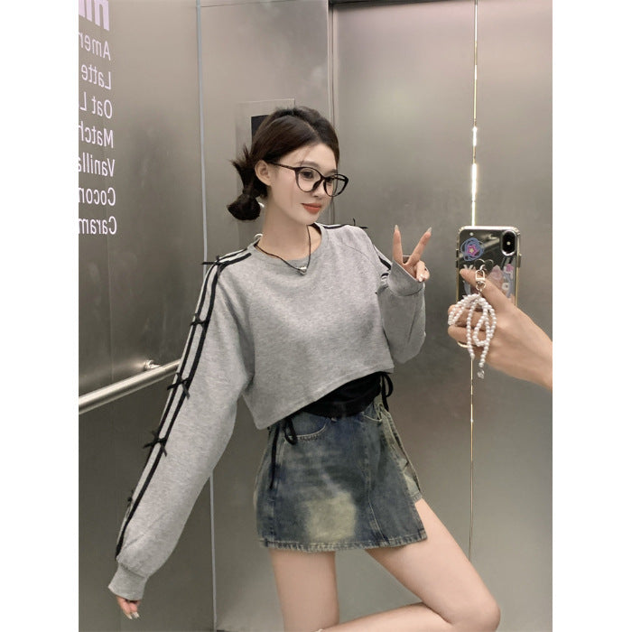 Damen lässiges Cropped-Sweatshirt mit seitlichen Schnürungen Drune