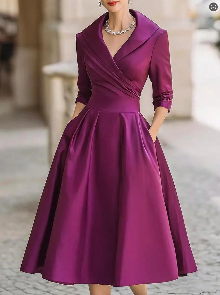 Damen nan elegantes Midikleid mit Wickeloberteil, Dreiviertelärmeln und Eingrifftaschen Drune