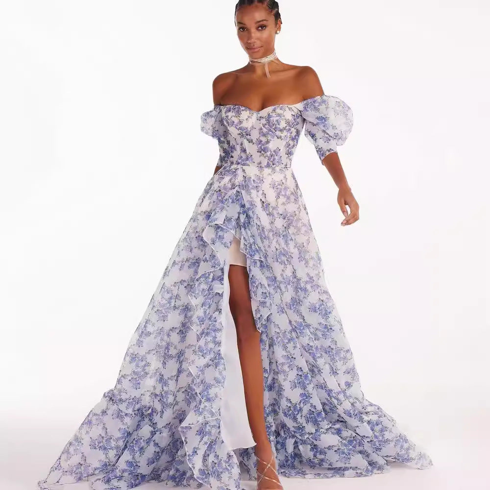 Damen Festliches Maxikleid mit schulterfreiem Design und floralen Rüschendetails Drune